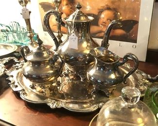 silver plate serving set , crystal butter dome