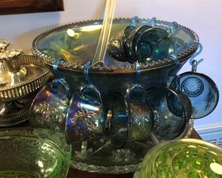 Blue Carnival Indiana glass punch bowl set, green depression glass frog and vase