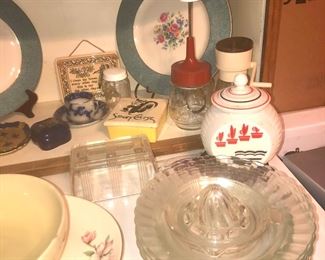 vintage grease jar, juicer, set of glass luncheon plater