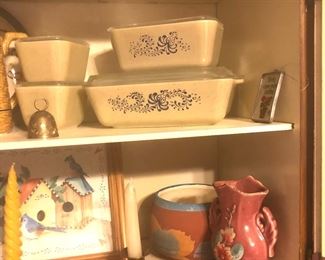 vintage pyrex Homestead dishes, vintage vase, pottery