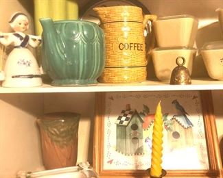 brass candlesticks, vintage coffee pitcher