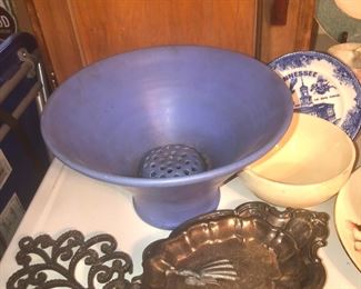 Great Smokey Mountain Pottery bowl with floral frog, cast iron trivet, silver plate trays
