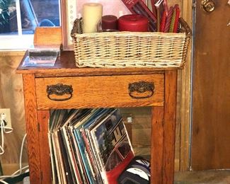 oak cabinet, lots of vintage LPs.