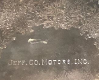 Silver Plate tray engraved Jeff. Co. Motors, Inc.