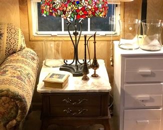 french style side table with marble top, Gorgeous Tiffany style stained glass lamp . India copper