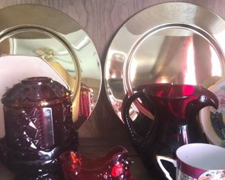 Ruby Indiana glass candlestick, Fenton slipper