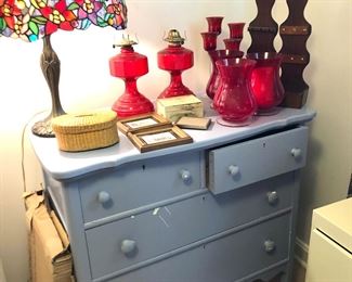 antique blue chest, another stained glass lamp