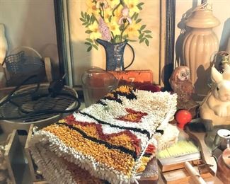 vintage yarn wall hanging , plaster floral art