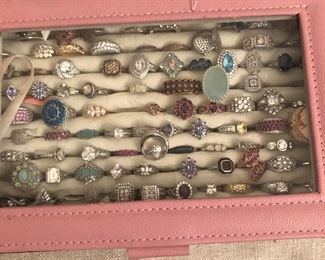 Rings are from JTV, HSN, QVC. Sterling Silver with Rhodium overlay. This keeps the metal shiny and tarnish free. Stones CZs, lab grown rubies, sapphire