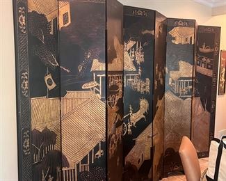 8 panel ebony gilt floor screen - two sided design- verso painted