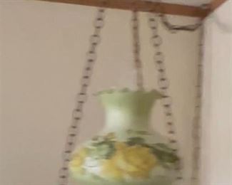 Hanging lamp, electric, Brass base, glass GWTW design shade & collar.