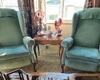 Lazyboy wing back reclining chairs, green (Qty 2)