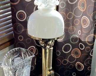 Table lamp, electric, brass base, while glass shade & collar