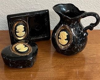 Vintage Black Marble Ceramic Cameo Collection by Albert Price Pitcher 5.25"/ Heart shaped Trinket Box / Pictured Frame