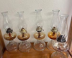 Vintage Lamplighter Farms Etched Hurricane Lamps (4 amber, 1 clear)