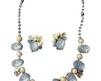 1950s Shiapirelli Faux Pearl and Glass Necklace plus earrings 