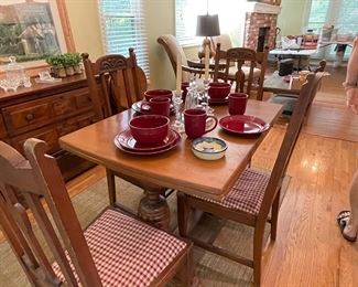 vintage dining table w/4 chairs, sharons foot & leg