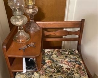 telephone stand, oil lamps