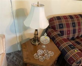 PAIR OF LAMPS, GLASS COASTERS, CANDY DISH