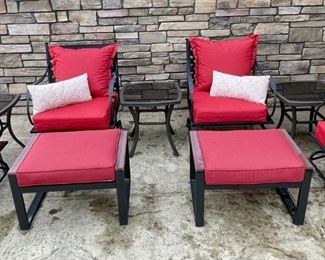 Patio Set - 4 Wrought Iron Rocking Chairs, 3 Side Tables, 2 Foot Rests With Cushions