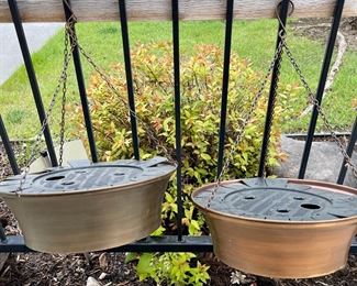 (2) Copper Tone Metal Hanging Plant Pots With Plastic Plant Watering Inserts