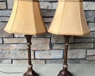 Pair Of Bronze Tone Table Lamps With Stone Bead Accents With Camel Color Material Shades