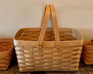 (3) Vintage Longaberger Baskets - Picnic Handled, Wall Basket With Leather Handle, Square