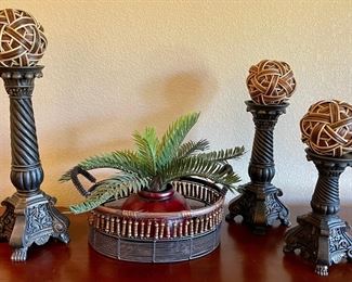 (3) Resin Candle Holders With Wicker Balls And Pier 1 Faux Plant In Bead And Metal Basket