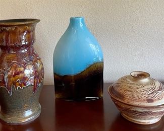 Studio Pottery Vase And Covered Bowl, And A Pier 1 Art Glass Vase