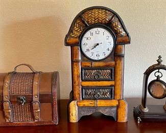 Bombay Company Hanging Watch With Case, Wicker Clock With Drawers, And A Wicker And Leather Small Trunk