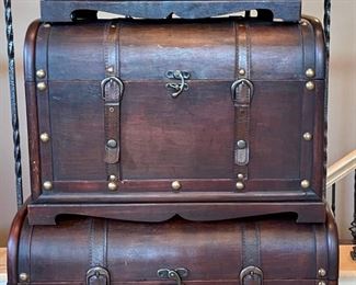 (3) Vintage Wood And Metal Stacking Trunks