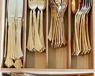 Set Of WM Rogers And Son Gold Tone Silverware - Knives, Forks, Spoons, Serving Pieces