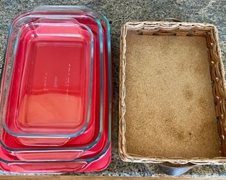 (3) Pyrex Casseroles With Red Plastic Lids And A Pyrex Wood And Leather Handled Hot Plate (as Is)