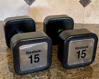 Pair Of Reebok 15 Pound Square Dumbbells With Chrome Ends