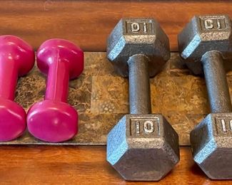 Pair Of Cast Iron Hex 10 Pound Dumbbells And A Set Of 3 Pound Purple Dumbbells