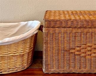 (2) Wicker Baskets - (1) Lidded With Wood Insert And Leather Handles, (1) With Material Lining