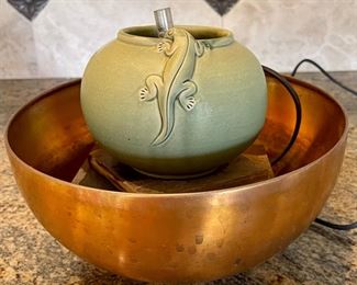 Copper Bowl Fountain With A Pottery Gecko Top