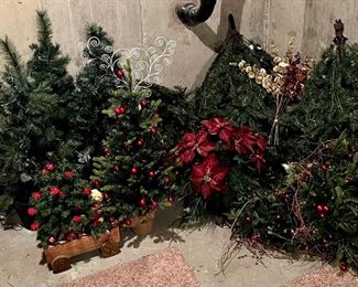 Assorted Faux Christmas Trees And Greenery - 7' Small Lighted, Wood Wagon