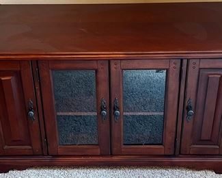 Dark Wood And Veneer Glass Front Media Cabinet With Pull Out DVD Drawers