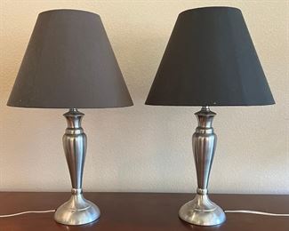 Pair Of 25" Stainless Table Lamps With Black And Charcoal Shades