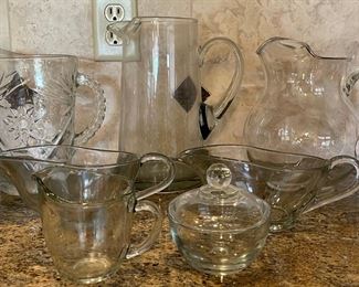 (3) Clear Glass Pitcher And Anchor Hocking Cream Sugar, (2) Gravy Boats