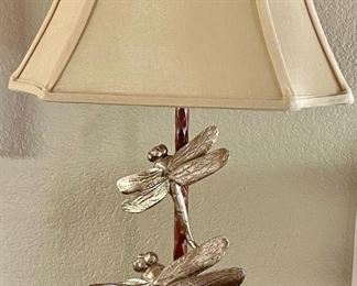 Gold And Wood Tone Resin Dragonfly Lamp With Shade