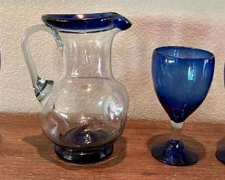 Vintage Hand Blown Art Glass Mexico Dimpled Pitcher And (3) Wine Glasses