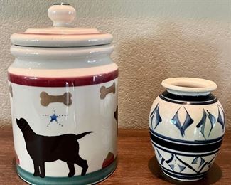 Hartstone 1983 Good Dog Treat Jar And A Blue Studio Pottery Vase