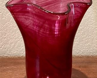 Hand Blown Red And Clear Swirl Art Glass Vase