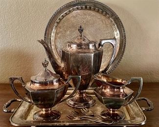 Derby S.P. Co. Silver Plate Tea Pot, Cream, And Sugar With Footed Tray, An Oneida Silver Plate Platter
