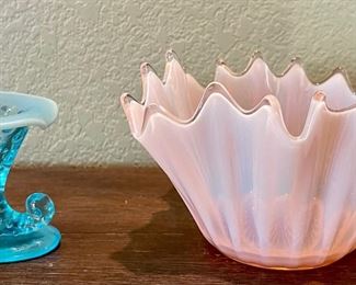 Vintage Fostoria Opalescent Crimped Splash Handkerchief Vase And A Blue Hobnail Fenton Vase