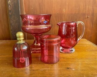 Assortment of Ruby Red Blown Glass - Candy Jar, Bell, Creamer, Sugar Jar with Lid