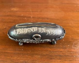 Silver Plate Victorian Era Hair Pin Box "A Friend In Need"