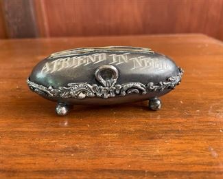 Silver Plate Victorian Era Hair Pin Box "A Friend In Need"